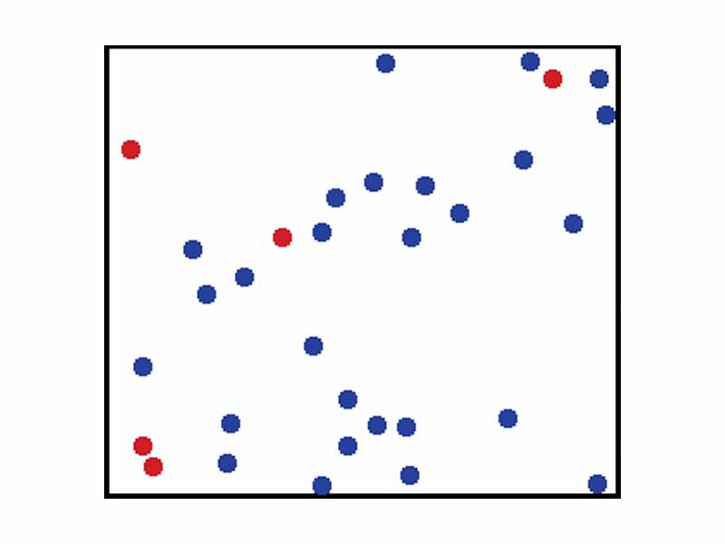 The randomized, or thermal, energy of particles such as atoms and molecules gives a substance its temperature. For ideal monatomic gases this means kinetic energy from translations. Here, the size of helium atoms relative to their spacing is shown to scale under 136 atmospheres of pressure. These room-temperature atoms have a certain, average speed (slowed down here two trillion fold). At any given instant however, a particular helium atom may be moving much faster than average while another may be nearly motionless. Five atoms are colored red to facilitate following their motions.