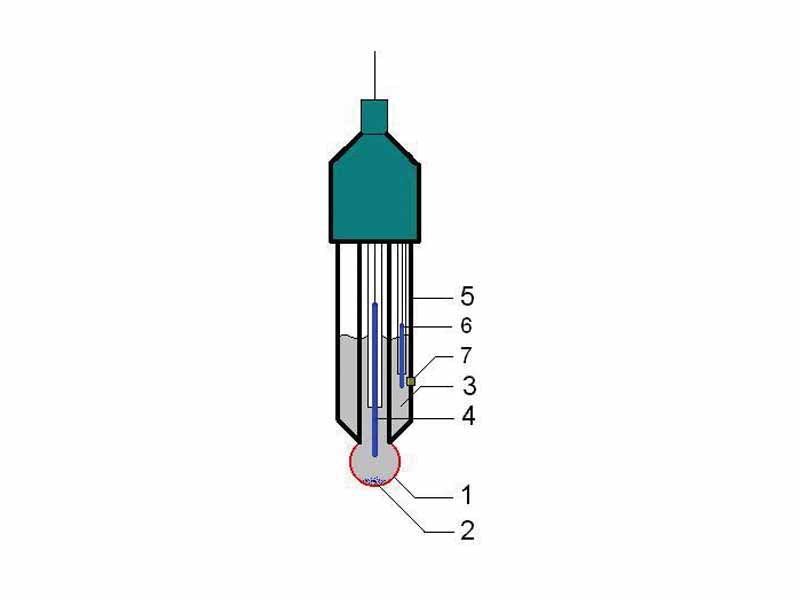 1. a sensing part of electrode, a bulb made from specific glass 2. sometimes electrode contain small amount of AgCl precipitate inside the glass electrode 3. internal solution, usually 0.1M HCl for pH electrodes or 0.1M MeCl for pMe electrodes 4. internal electrode, usually silver chloride electrode or calomel electrode 5. body of electrode, made from non-conductive glass or plastics. 6. reference electrode, usually the same type as 4 7. junction with studied solution, usually made from ceramics or capillary with asbestos or quartz fiber.