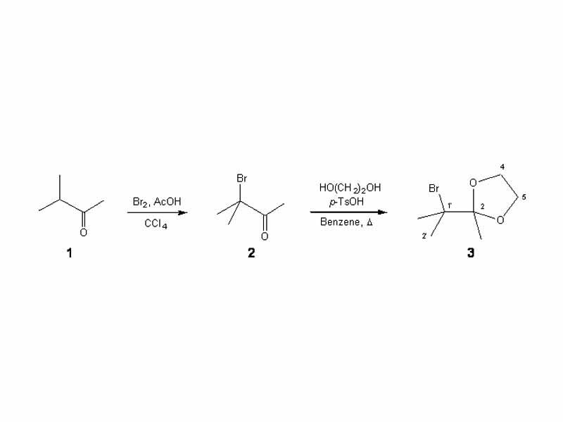 Example - the acetalisation of 3-bromo-3-methyl-butan-2-one: