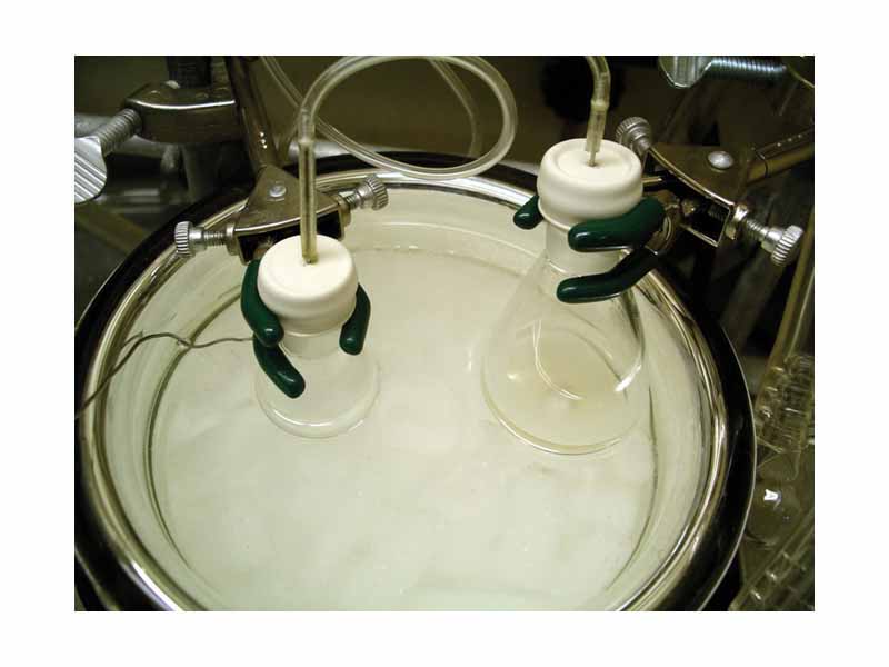 A typical experimental setup for an aldol reaction. A solution of lithium diisopropylamide (LDA) in tetrahydrofuran (THF) (in the flask on the right) is being added to a solution of tert-butyl propionate in the flask on the left, forming its lithium enolate. An aldehyde can then be added to initiate an aldol addition reaction. Both flasks are submerged in a dry ice/acetone cooling bath (-78 °C) the temperature of which is being monitored by a thermocouple (the wire on the left).