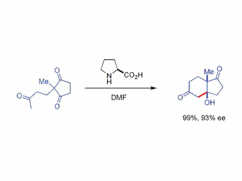 The use of chiral secondary amine catalysts in aldol reaction. These secondary amines form transient enamines when exposed to ketones, which may react enantioselectively with suitable aldehyde electrophiles. This is known as enamine catalysis, a type of organocatalysis, since the catalyst is entirely based on a small organic molecule. In a seminal example, proline efficiently catalyzed the cyclization of a triketone: